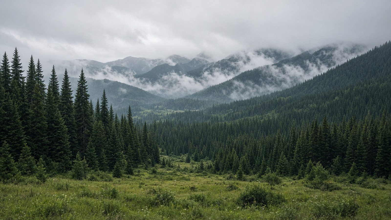 Evergreen forest and misty mountains in the Flathead Valley near Kalispell, Montana